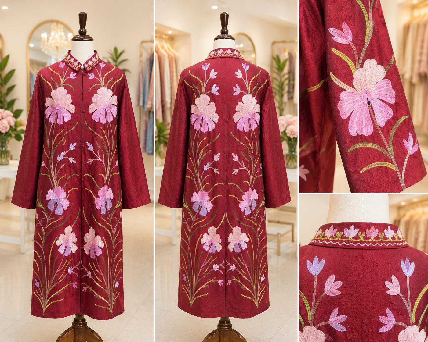 Ruby Blossom Embroidered Long Jacket
