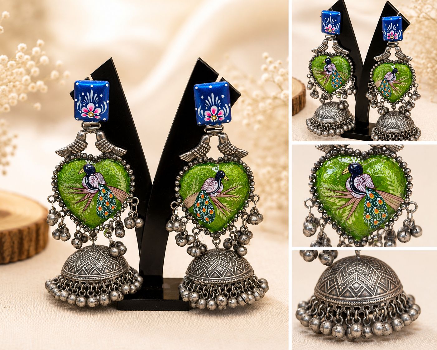 Green Peacock Hand-Painted Jhumka Earrings