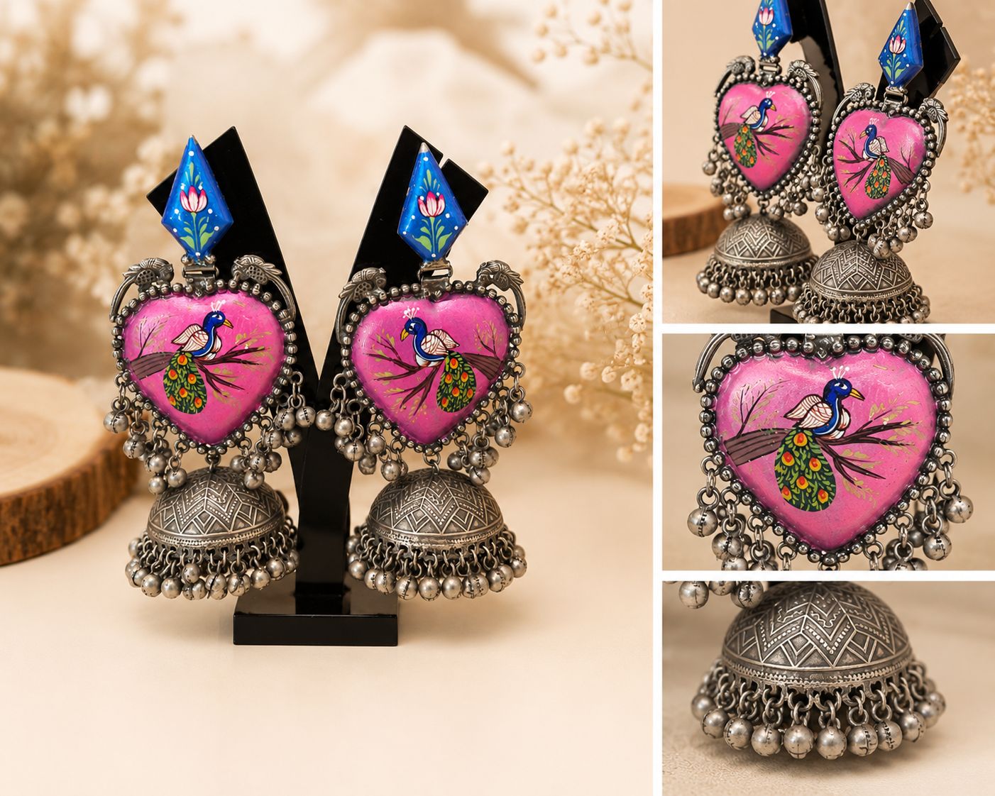 Pink Peacock Hand-Painted Jhumka Earrings