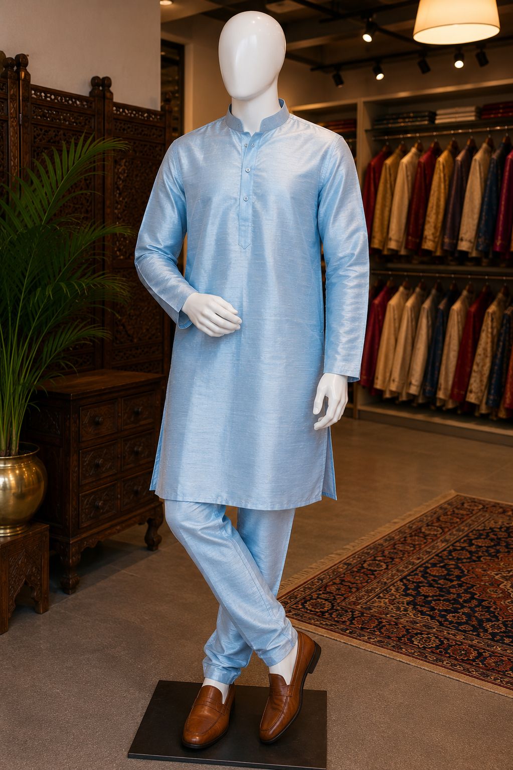 Sky Blue Silk Pajama Kurta Set