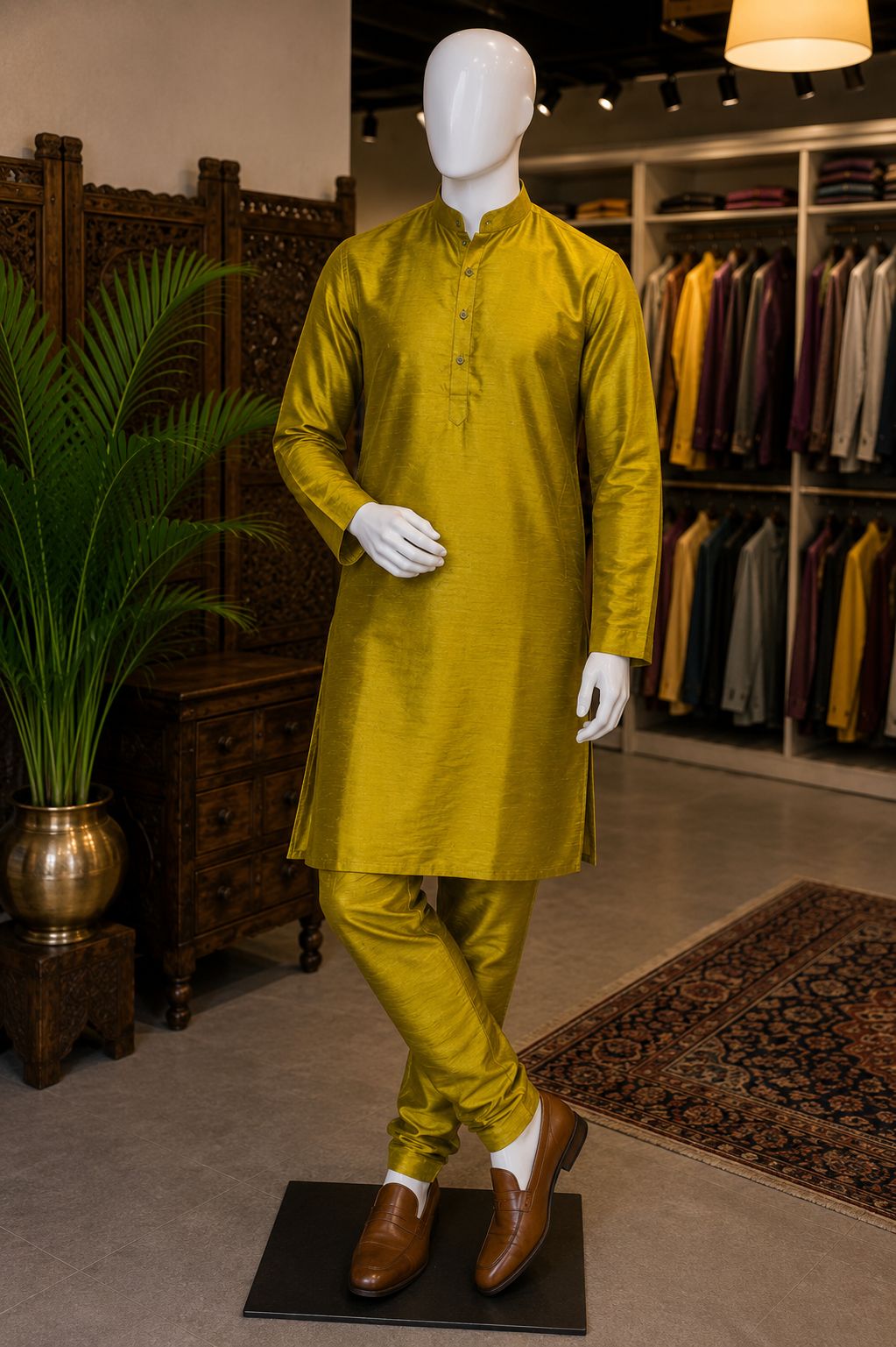 Olive Gold Silk Pajama Kurta Set