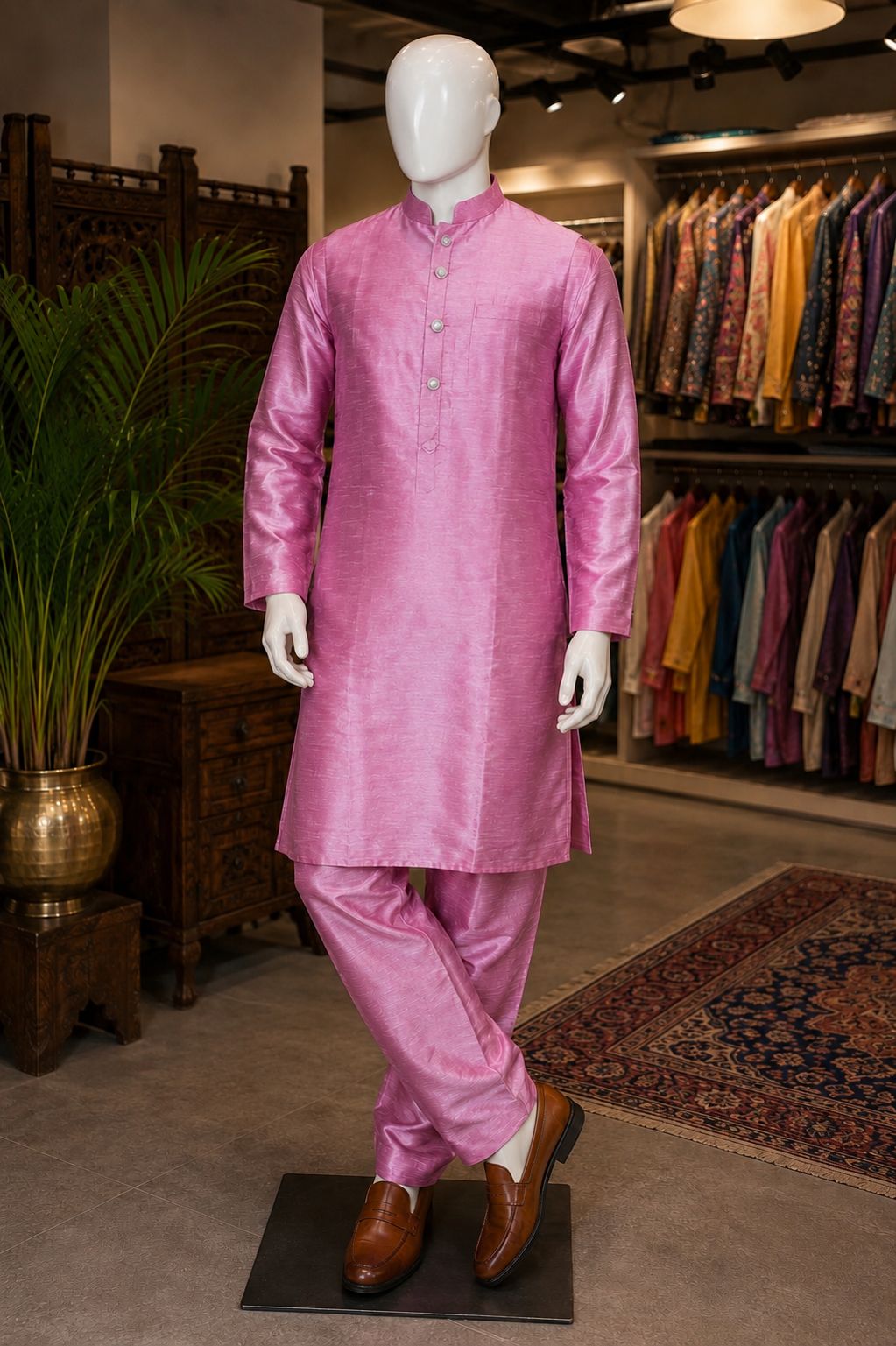 Rose Pink Silk Pajama Kurta Set